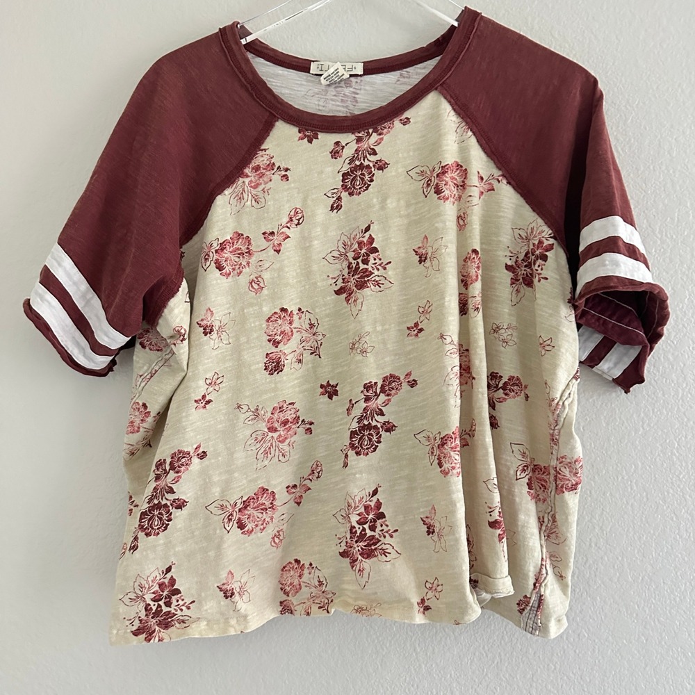 FESTI Floral Baseball Tee Shirt Size 2 Slub Cotton Raglan Short Sleeve Boxy
